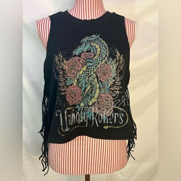 Urban Outfitters Black Top Fringe Dragon Indie Grunge Alternative NWT Size Small - Picture 3 of 11